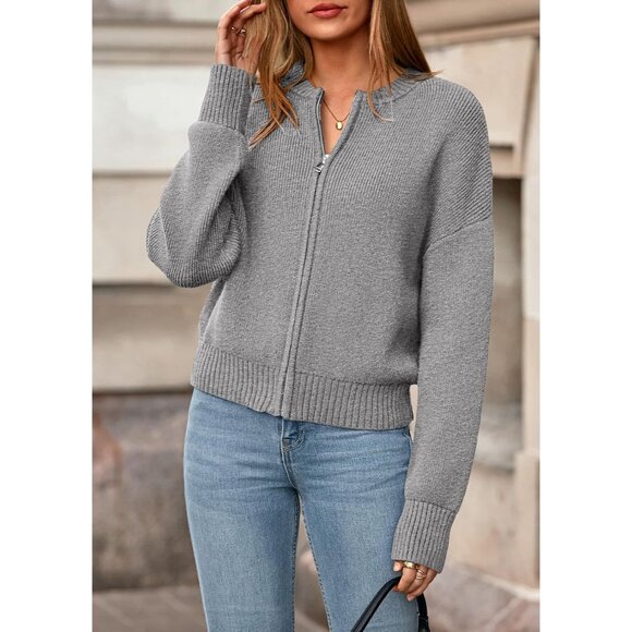 Women's Cropped Cardigan Sweaters Fall Open Front Long Sleeve Ribbed Knit Zipper - Picture 2 of 8